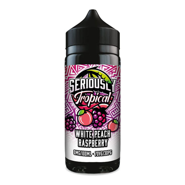 Render of Seriously Tropical White Peach Raspberry 100ml shortfill e-liquid.