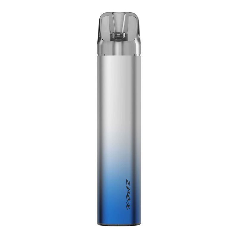 Rendered front facing image of Blue Silver Zrex RF pod kit by Smok.