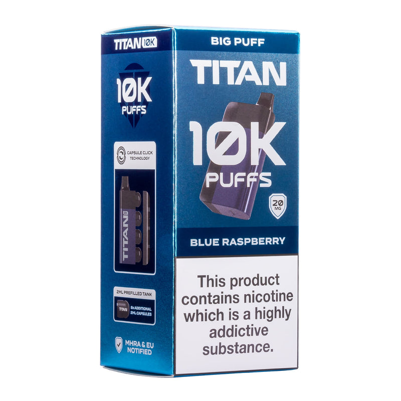 Blue Raspberry Titan 10K disposable vape kit box.