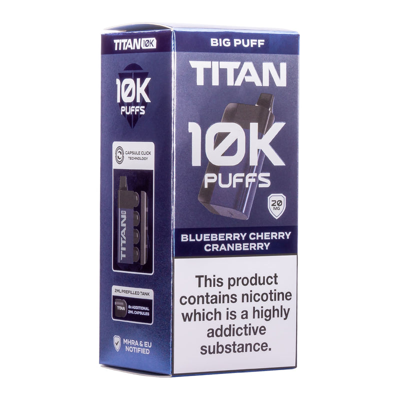 Blueberry Cherry Cranberry Titan 10K disposable vape kit box.