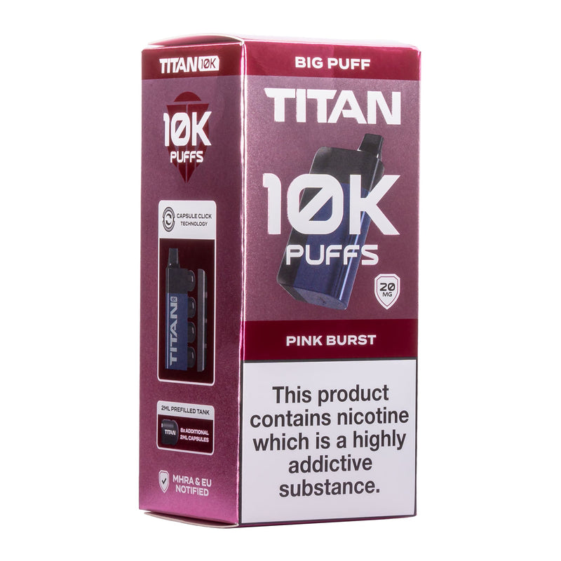 Pink Burst Titan 10K disposable vape kit box.