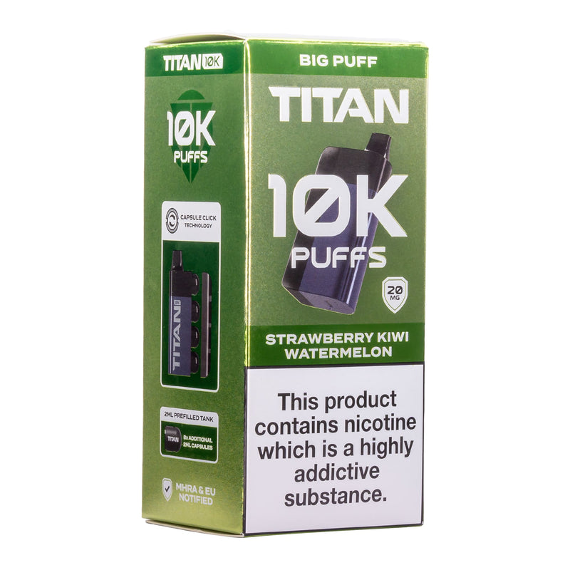 Strawberry Kiwi Watermelon Titan 10K disposable vape kit box.