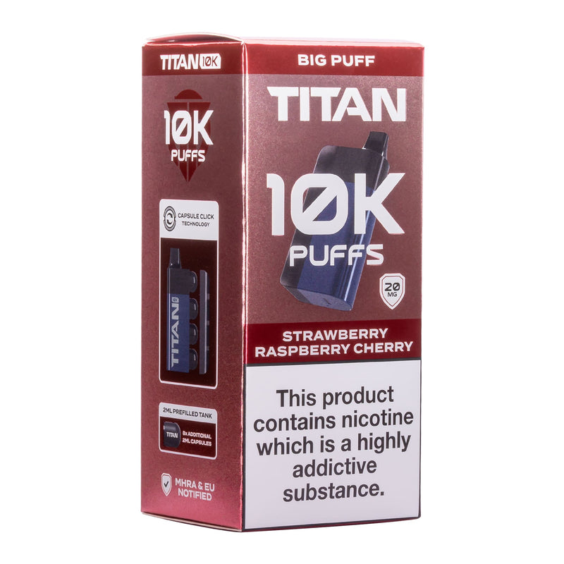 Strawberry Raspberry Cherry Titan 10K disposable vape kit box.