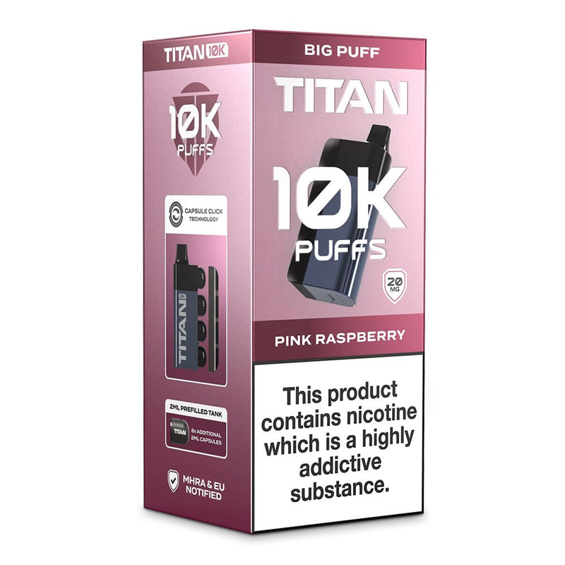 Pink Raspberry Titan 10K disposable vape kit box.