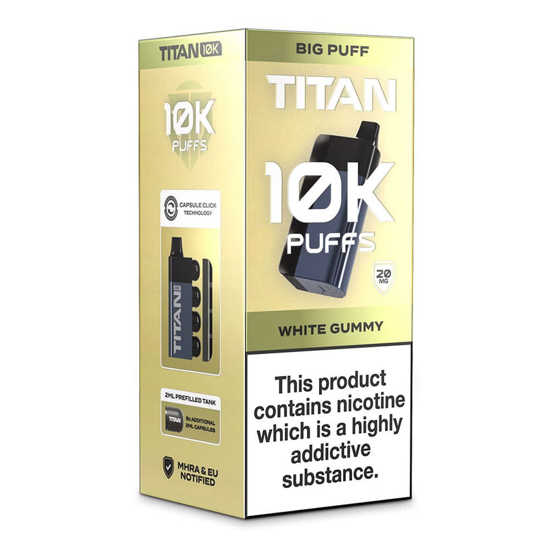 White Gummy Titan 10K disposable vape kit box.