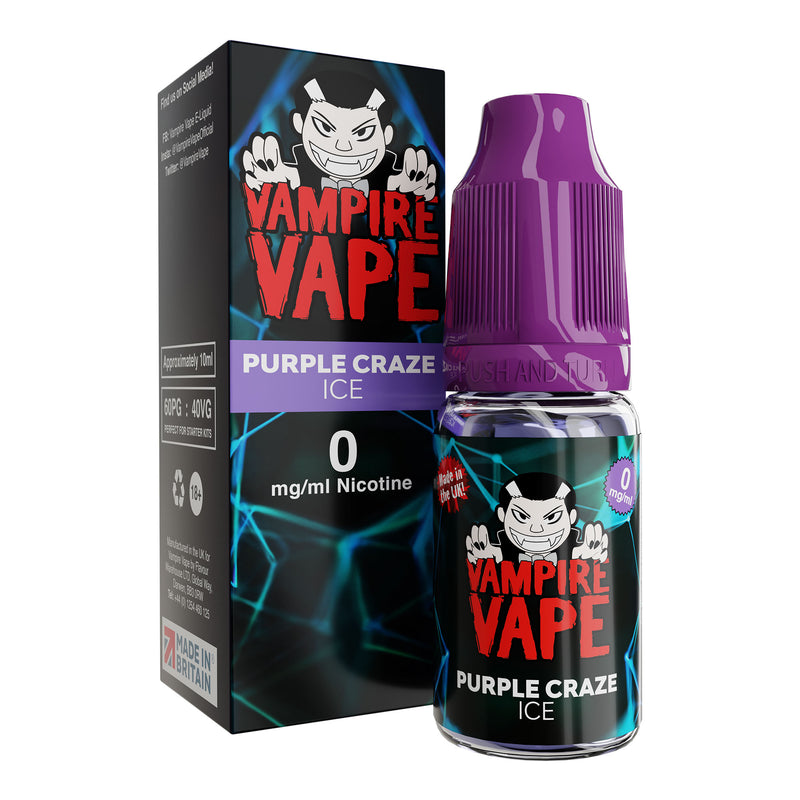 10ml bottle of Vampire Vape Purple Craze Ice Pinkman and Heinseberg mix 0mg strength