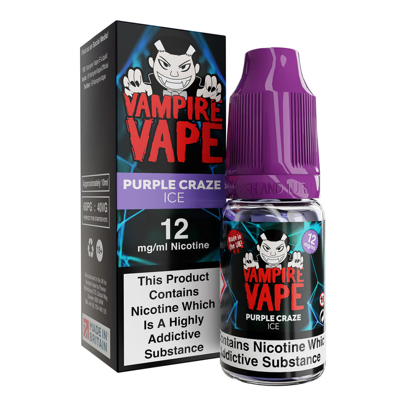 10ml bottle of Vampire Vape Purple Craze Ice Pinkman and Heinseberg mix 12mg strength