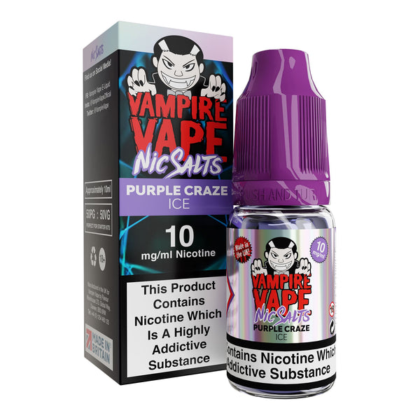 10ml bottle of Vampire Vape Purple Craze Ice Nic Salts Pinkman and Heinseberg mix 10mg strength