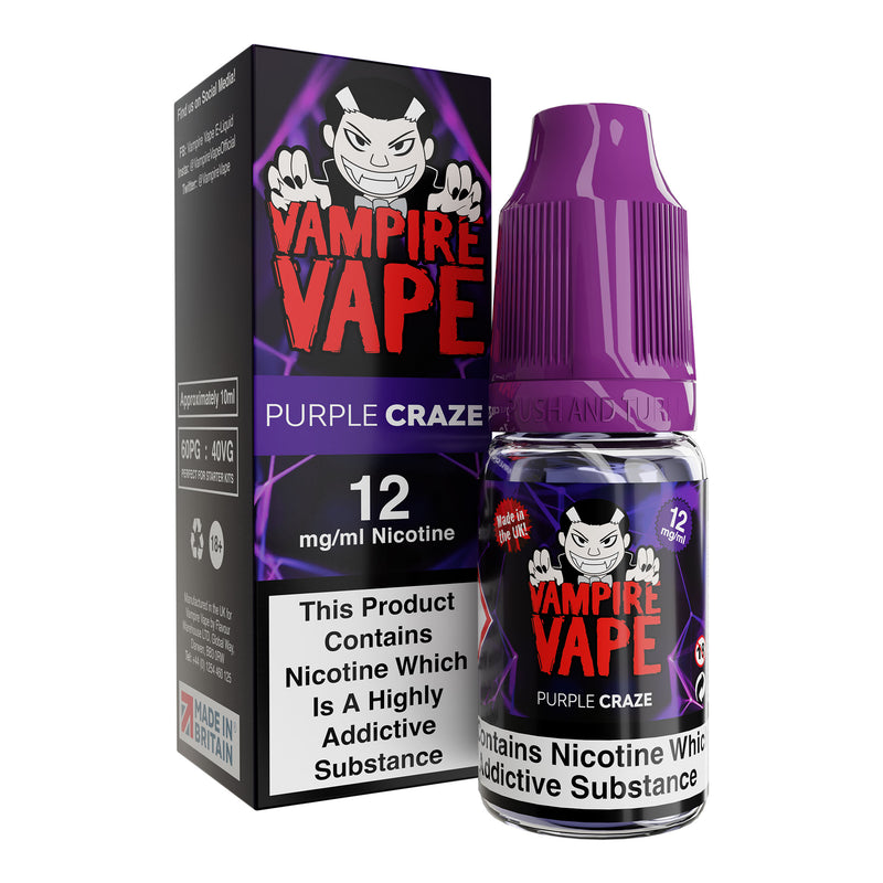 10ml bottle of Vampire Vape Purple Craze Pinkman and Heinseberg mix 12mg strength