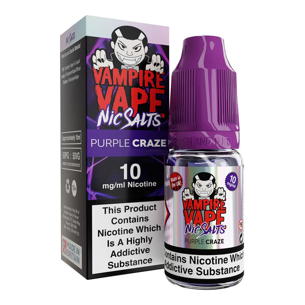 10ml bottle of Vampire Vape Purple Craze Nic Salts Pinkman and Heinseberg mix 10mg strength