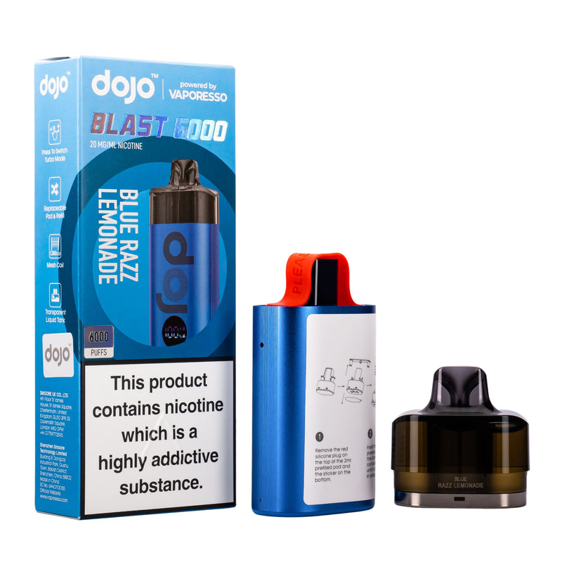 Vaporesso Dojo Blast device stood next to pod and cartridge.