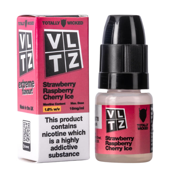 VLTZ Strawberry Raspberry Cherry Ice e-liquid bottle and box.