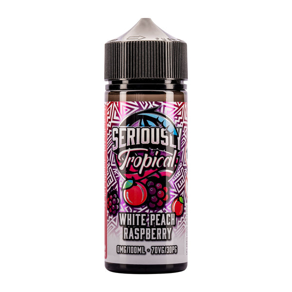 Render of Seriously Tropical White Peach Raspberry 100ml shortfill e-liquid.