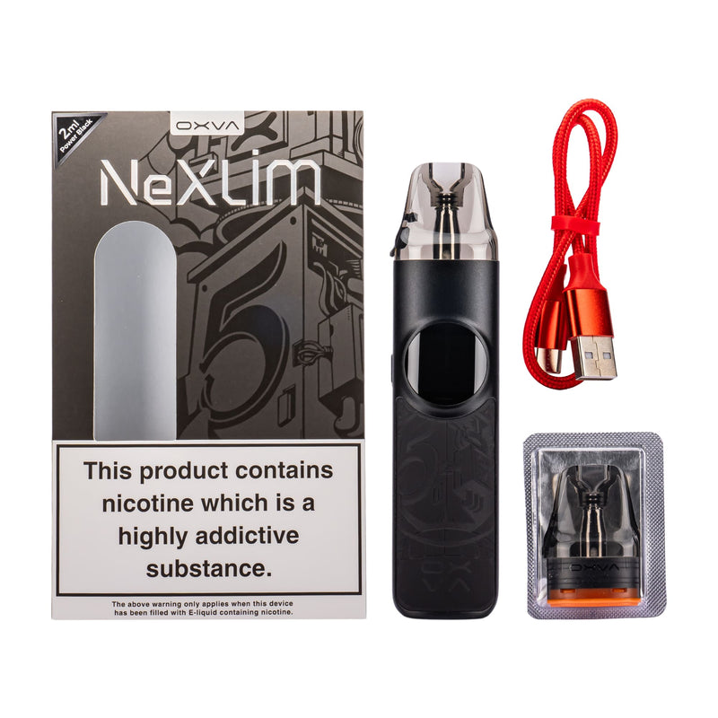 Oxva NeXlim vape kit contents laid out on white background.