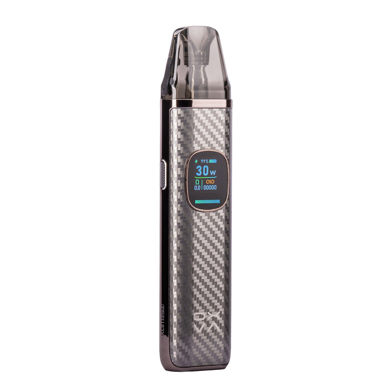 Front right angled photo of Silver Carbon Xlim pro 2 vape kit.